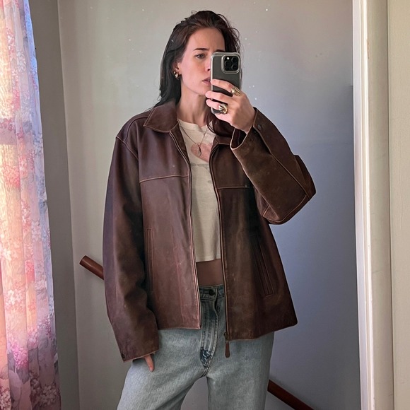 Jackets & Blazers - Vintage Leather Bomber Jacket Brown Faded Distressed Oversized Boxy Zip Coat